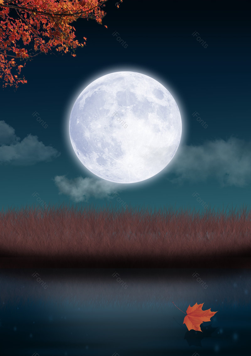 中国风意境月亮草地河流枫叶宣传背景,插画/手绘图,插画/手绘图库,插画/手绘图下载,插画/手绘